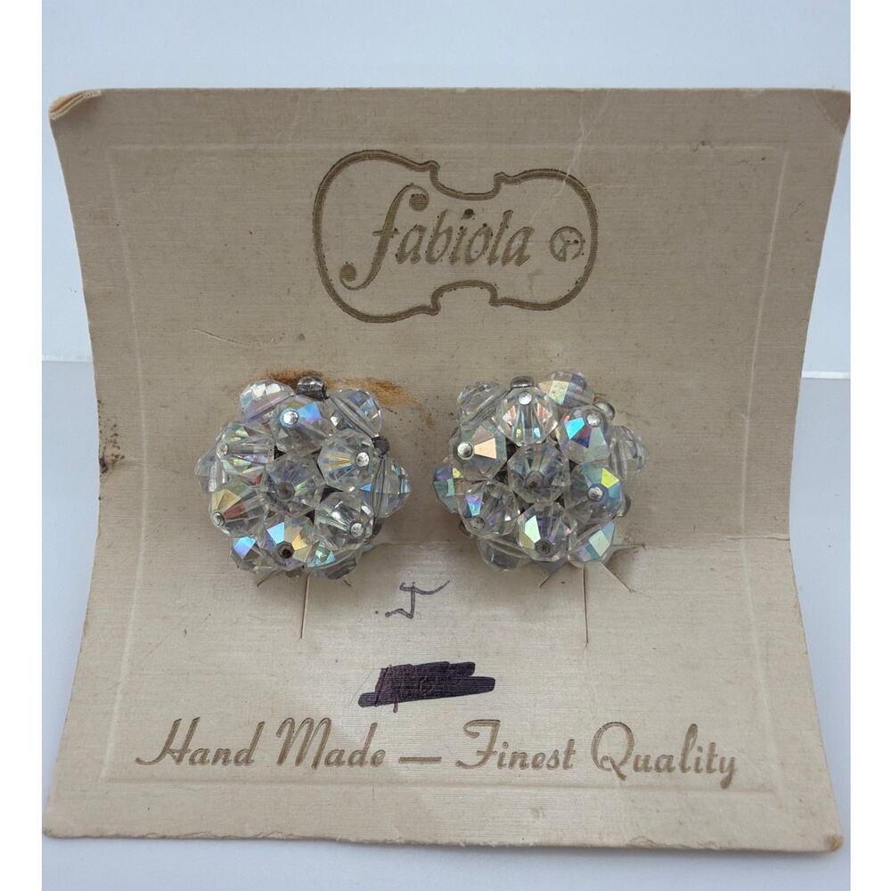 Vintage Fabiola AB Crystal Cluster Clip On Earrings
